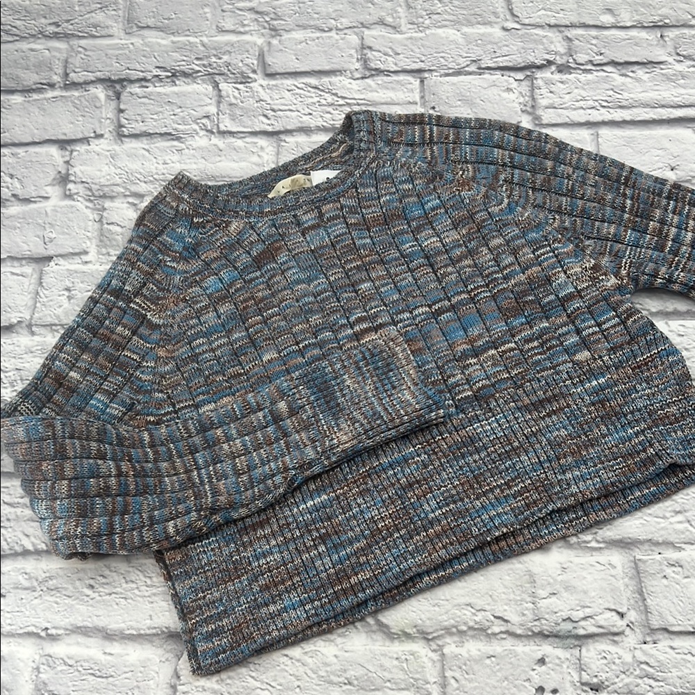 Womans LA Hearts Small Crew Neck Crop Sweater Blue Beige Ribbed Long Sleeve